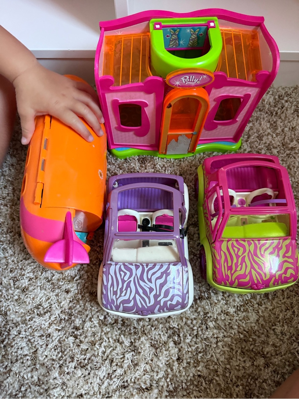 Polly Pocket Lot, two cars, airplane, and fashion Polly house